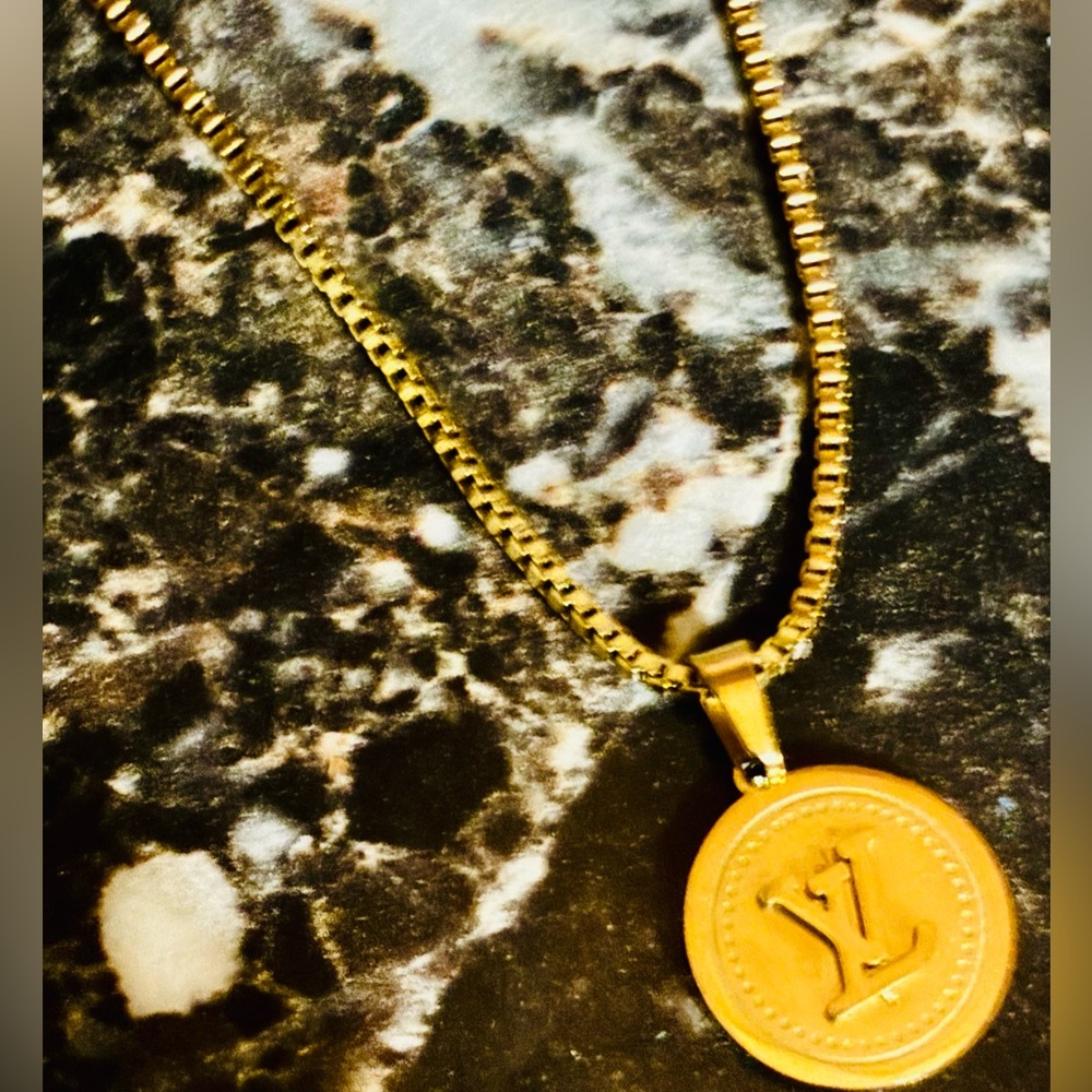 Gold Plated Louis Vuitton Coin Style Pendant Necklace